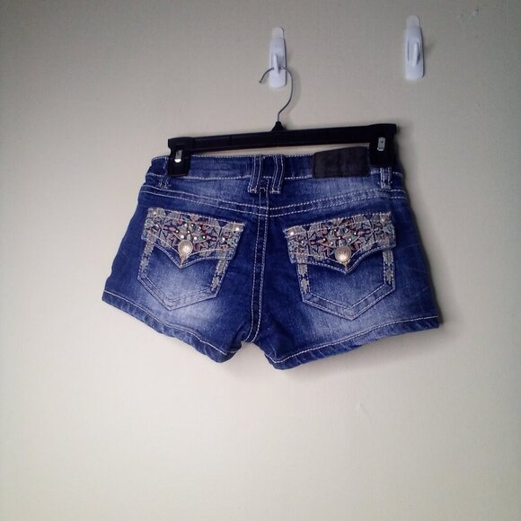 Soundgirl Shorts Juniors 1 Button Pockets Embroidery Rhinestones Denim Blue - Picture 9 of 14